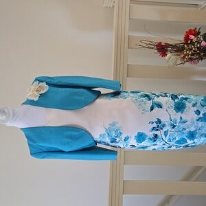 Jacques Vert Vintage| Ivory Turquoise Dress Short Jacket Set